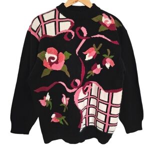 Vintage Emanuel Donna Pink Black Chunky Knit Floral Coquette Crewneck Sweater L
